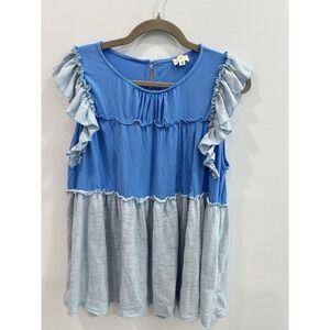 POL Blue Ruffle Tiered Top Small Boho Flowy Sleeveless Blouse Cottagecore
